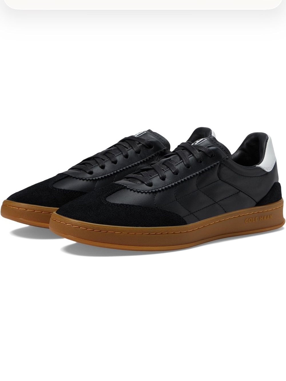Cole Haan Black Leather & Suede Sneakers with Gum Sole and White Heel Accent